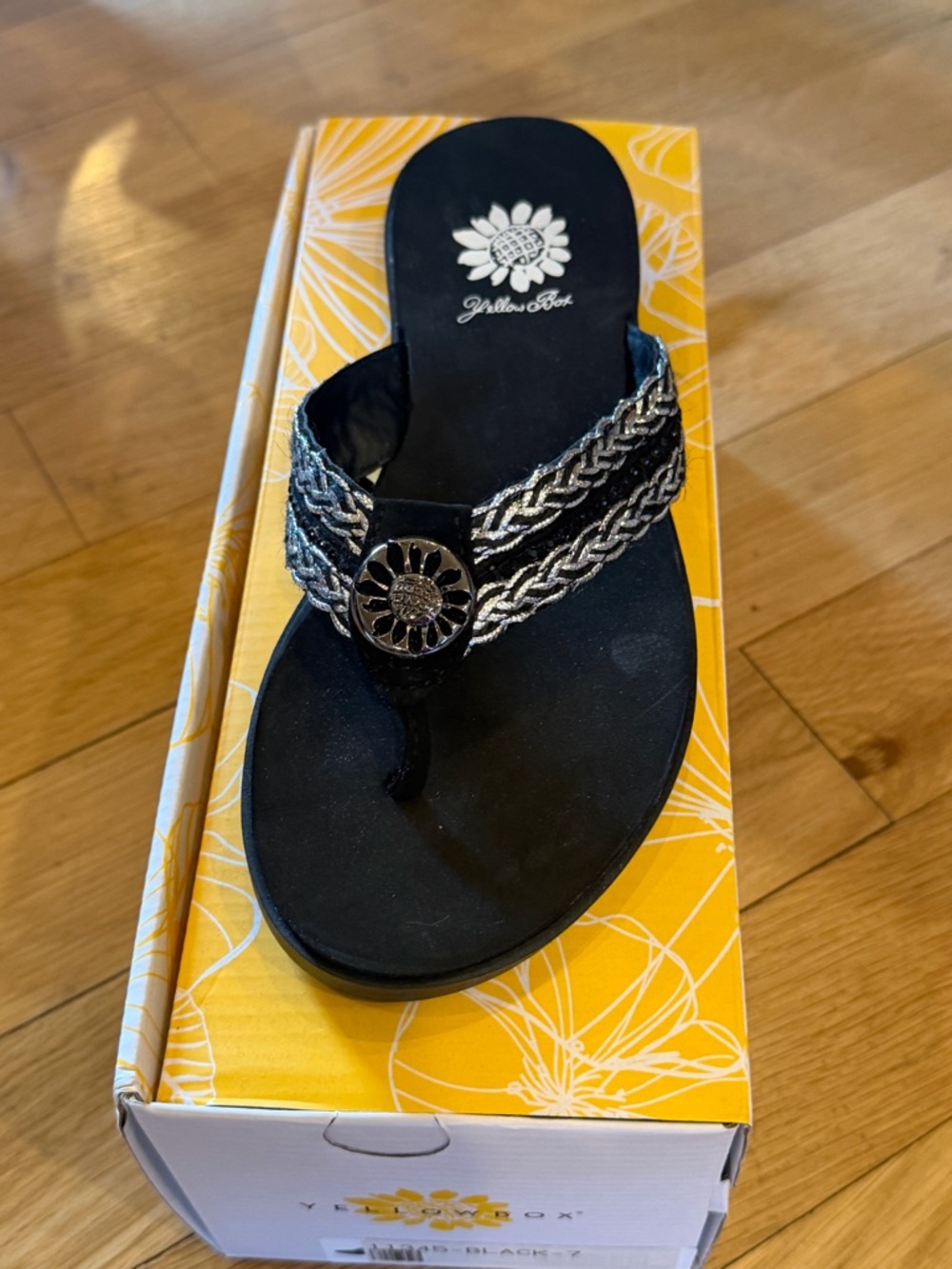 Yellow Box Black and Silver Braided Thong Sandal with Medallion